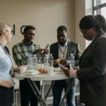 Sekelompok profesional dari berbagai latar belakang sedang berdiskusi dan membangun jaringan di sebuah acara konferensi bisnis